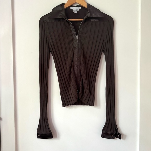 CAbi Tops - Y2K Cabi Brown Ribbed Zip Front Top Small Satin Trim Stretchy Minimalist Party